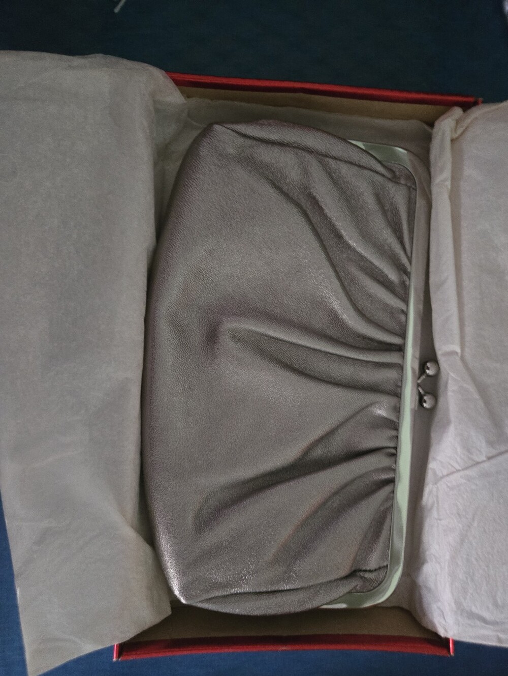EXPRESS Metallic Pewter Genuine Leather Ruched Kiss Lock Clutch Evening Bag NWT